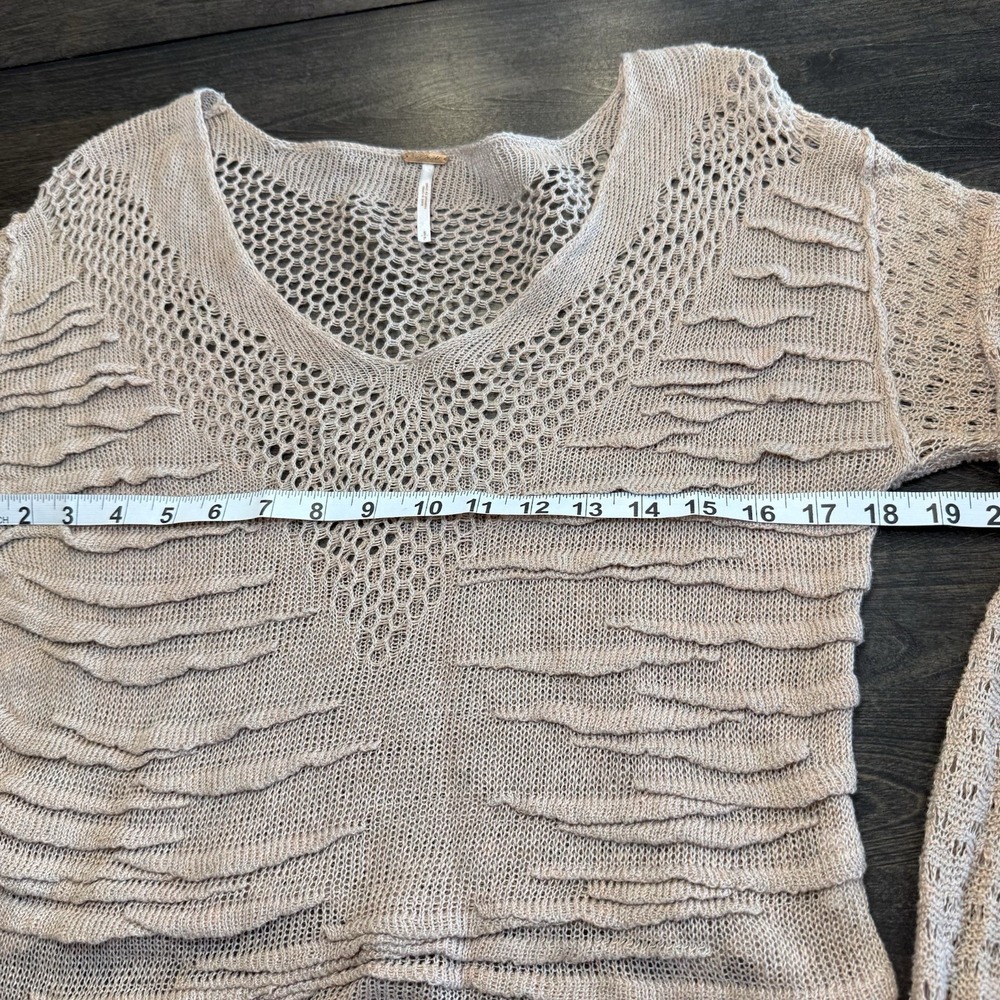 Free People Tan Open Knit Ruffle V-Neck‎ Linen Blend Crop Sweater Small - Picture 6 of 8